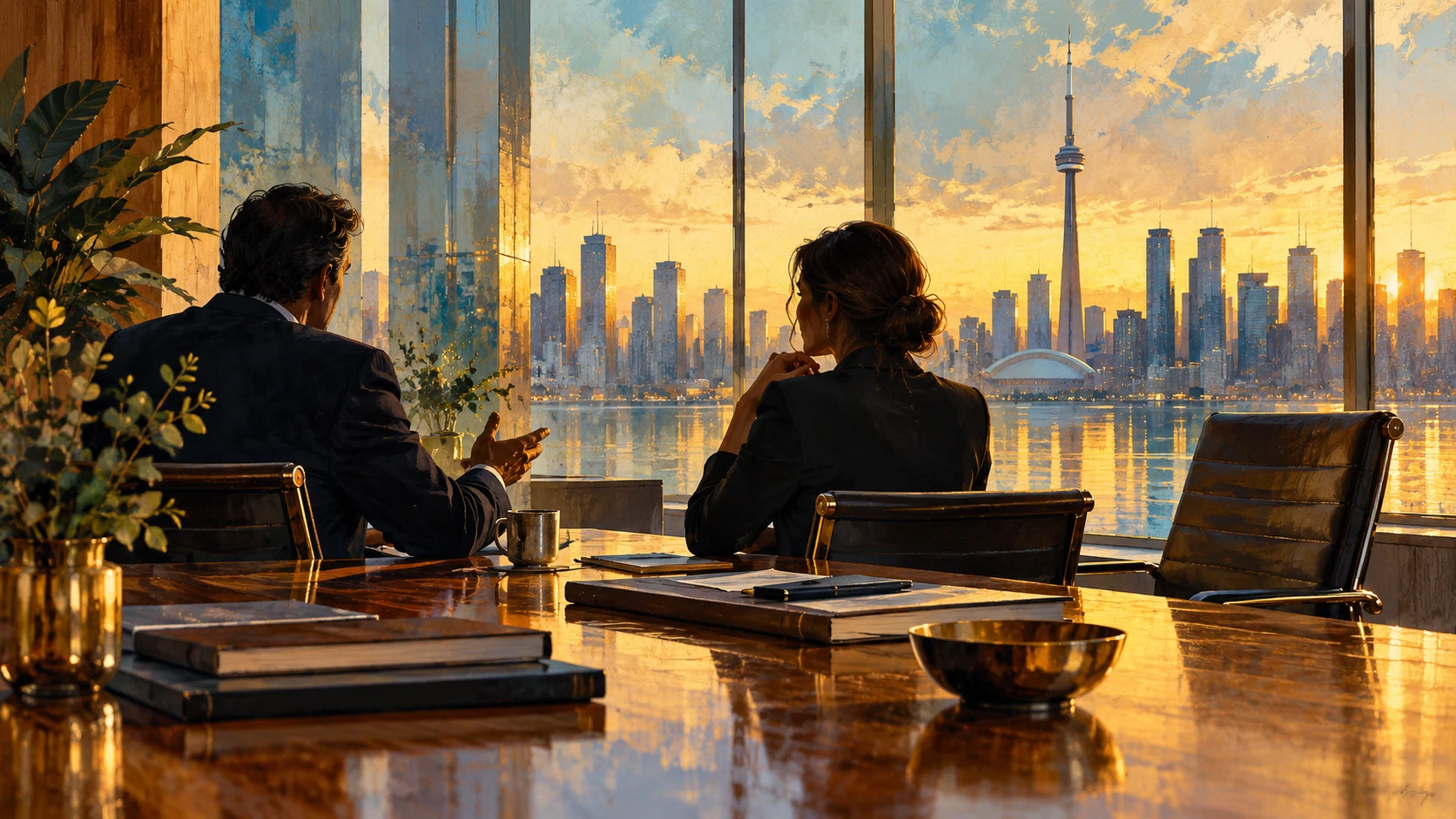 Original AI-generated conceptual illustration of two anonymous professionals discussing records beside an empty chair, with an imagined Canadian skyline