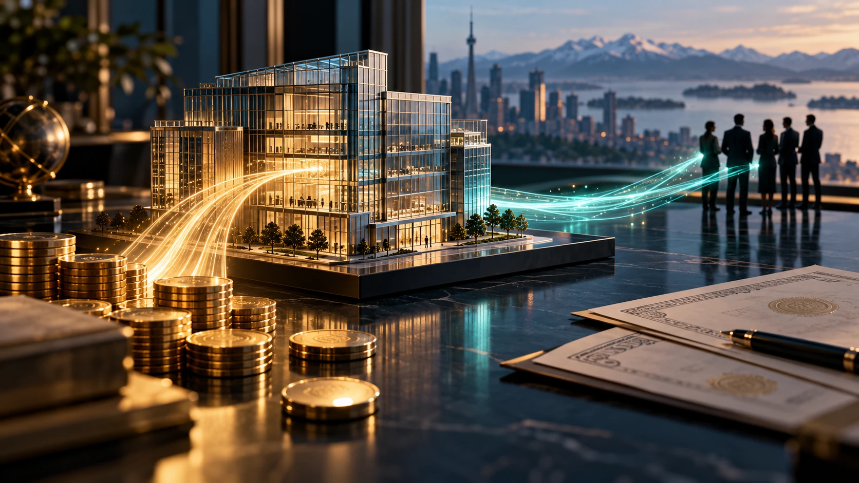 Original AI-generated conceptual illustration of a glass financial-company model, symbolic capital streams and distant anonymous shareholders