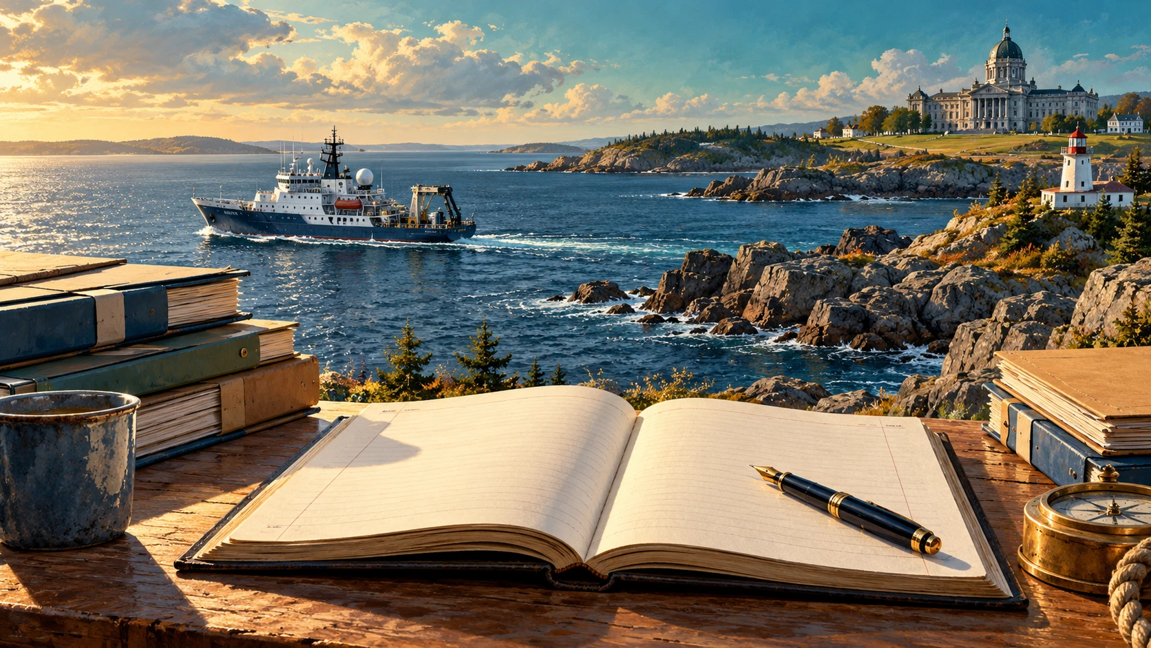 Original AI-generated conceptual illustration of an open public ledger overlooking a fictional Canadian coast and research vessel